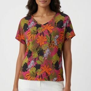 C&C California Linen Top Women L Pink Tropical Leopard Jungle Dolman Blouse
